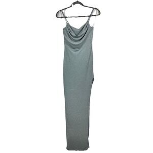 Windsor Icy Blue Glitter Cowl Neck Maxi Dress High Slit Prom Formal Gown M Y2K